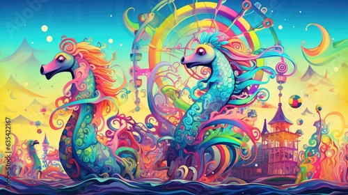 Seahorse vibrant portrait. Underwater macro close up of sea horse. AI illustration..