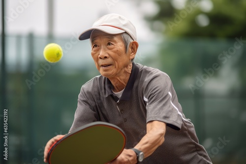 Asian elder man playing pickleball in outdoor court. AI generative