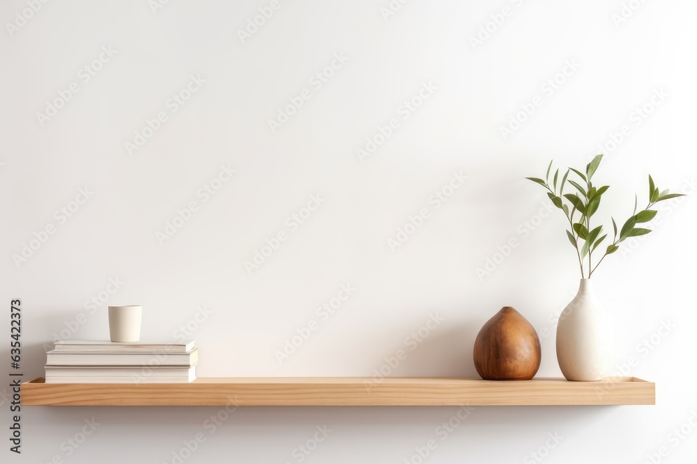 Wood floating shelf on white wall. Storage organization for home. Interior design of modern living room