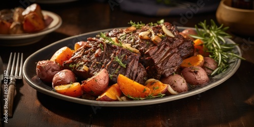 Slow-cooked chuck roast, a hearty centerpiece, tender and succulent. Juicy flavors mingle with aromatic herbs in a cozy kitchen. Warm lighting enhances its comforting appeal, a meal 🥩🍲