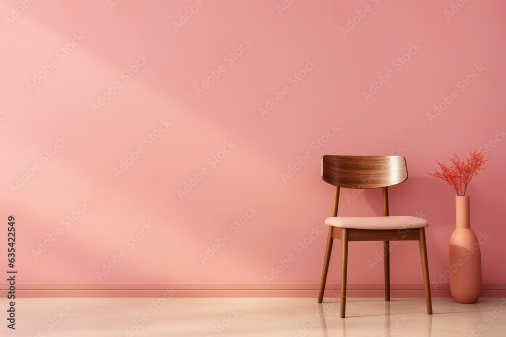 Wooden chair near dining table against pink wall. Art deco interior design of modern dining room Wooden chair near dining table against pink wall. Art deco interior design of modern dining room