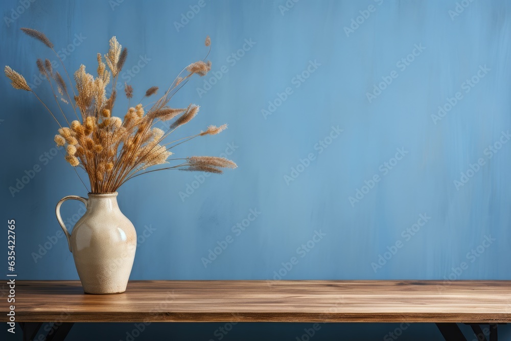 Wooden table with vase with bouquet of dried field flowers near empty, blank blue wall. Home interior background with copy space