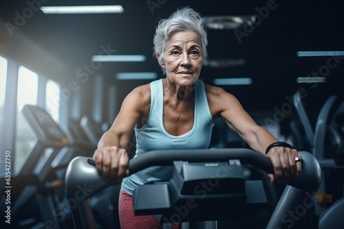 Beautiful elderly woman doing sports in the gym. Elderly woman on an exercise bike in the gym. generative ai  © Ivan
