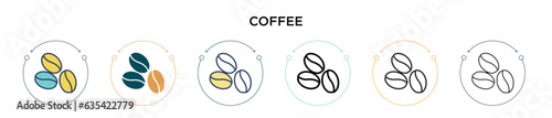 Coffee icon in filled, thin line, outline and stroke style. Vector illustration of two colored and black coffee vector icons designs can be used for mobile, ui, web
