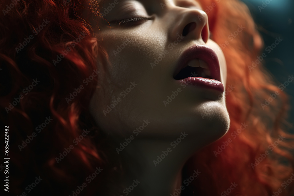 Sex, erotica, orgasm concept. Close-up of sexy young caucasian red-haired woman with open mouth experiencing sensual pleasure - obrazy, fototapety, plakaty 