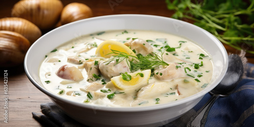 Creamy clam chowder, brimming with plump clams, hearty potatoes, and aromatic herbs. Coastal charm, captured in a steaming bowl, the essence of a seaside retreat. Soft lighting 🍲🦪🏖️