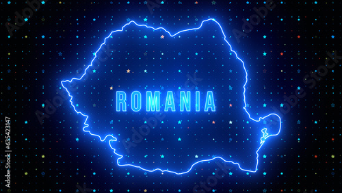 Futuristic Blue Shine Romania Outline Map And Label Text Glowing Neon Light With Stars Sparkle Grid Background