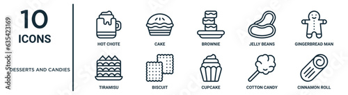 desserts and candies outline icon set such as thin line hot chote, brownie, gingerbread man, biscuit, cotton candy, cinnamon roll, tiramisu icons for report, presentation, diagram, web design