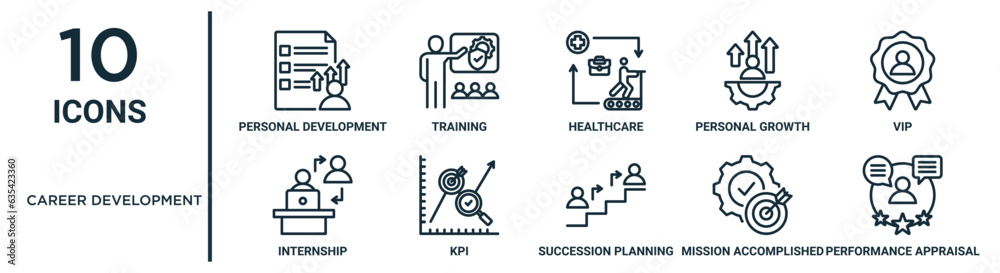 Vetor de career development outline icon set such as thin line personal ...