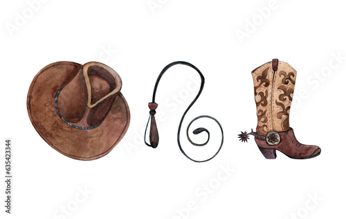 Set of western cowboy with hat, whip, lasso in hand, boots, and cactus. American rodeo season.Watercolor illustration