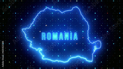 Futuristic Blue Shine Romania Outline Map And Label Text Glowing Neon Light Flare Motion Reveal With Stars Sparkle Grid Background, 5-10 Seconds Seamless Loop photo