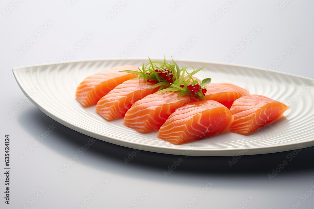 Salmon sashimi on a white ceramic plate in a restaurant