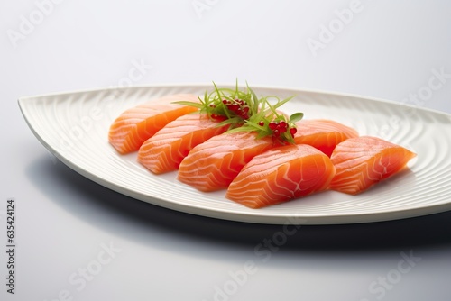 Salmon sashimi on a white ceramic plate in a restaurant