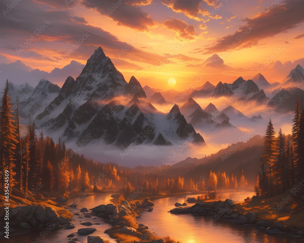 sunset in a misty valley among high mountains. Mountain river in the autumn forest harming huge mountains. Mountain autumn landscape. generative AI