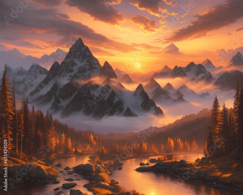 sunset in a misty valley among high mountains. Mountain river in the autumn forest harming huge mountains. Mountain autumn landscape. generative AI