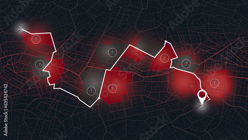 Isometric City Navigation and GPS map. Vector Illustrations of Urban Districts, Roads. Closed area, district. Location tracks dashboard. Pin location signs. Destination tag or mark. Red Sign.