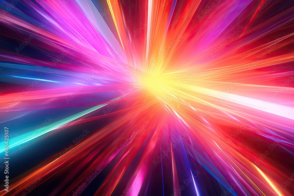 Vibrant abstract 3D render with neon rays and glowing lines. Concept of futuristic technology.