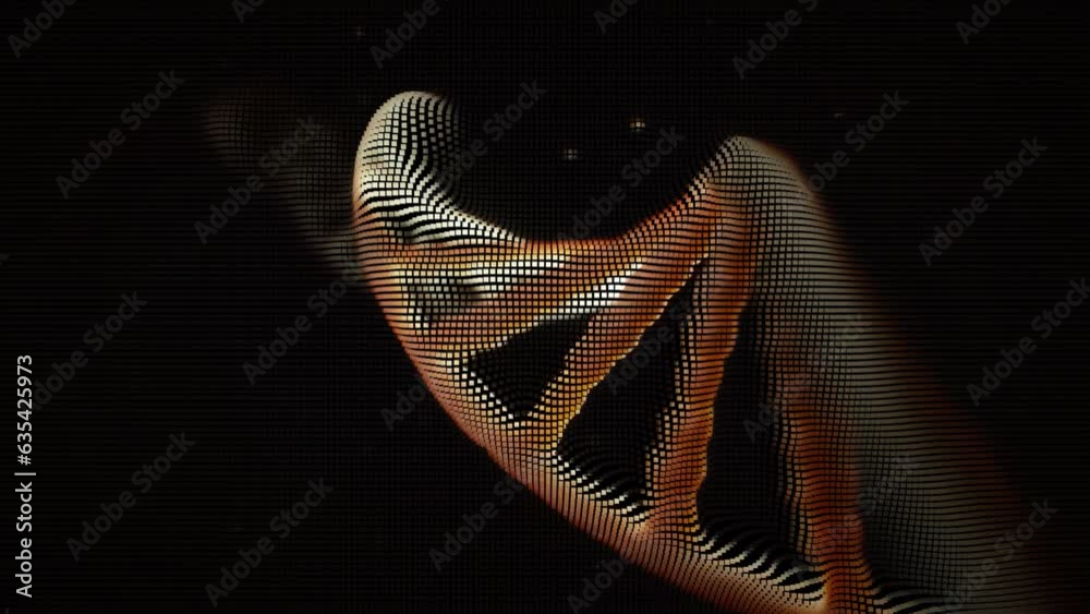 Abstract DNA chain rotating on black background, loopable animation. Screen cells or pixels effect. 8 bit volumetric cubic pexels effect. Pixelated video wall abstraction