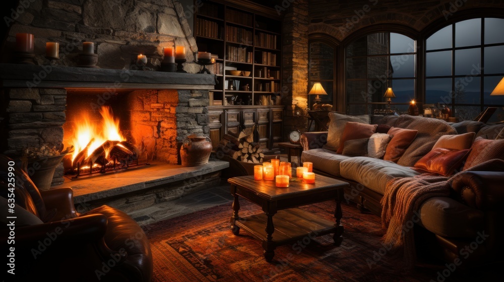 A cozy scene of a lit fireplace, the orange flames dancing and casting shadows, under the warm, comforting light of a winter's night