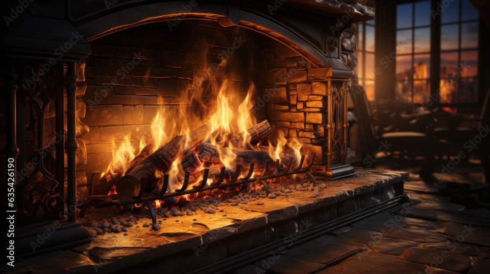 A cozy scene of a lit fireplace, the orange flames dancing and casting shadows, under the warm, comforting light of a winter's night A cozy scene of a lit fireplace, the orange flames dancing and casting shadows, under the warm, comforting light of a winter's night