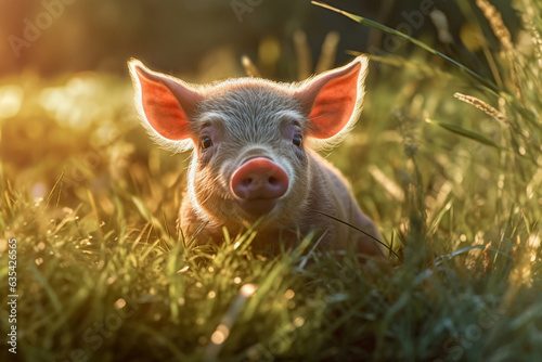 Little piglet in the grass lit by the sun, generative ai
