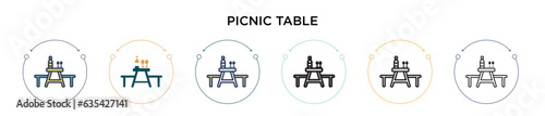 Picnic table icon in filled, thin line, outline and stroke style. Vector illustration of two colored and black picnic table vector icons designs can be used for mobile, ui, web