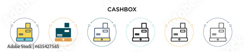 Cashbox icon in filled, thin line, outline and stroke style. Vector illustration of two colored and black cashbox vector icons designs can be used for mobile, ui, web