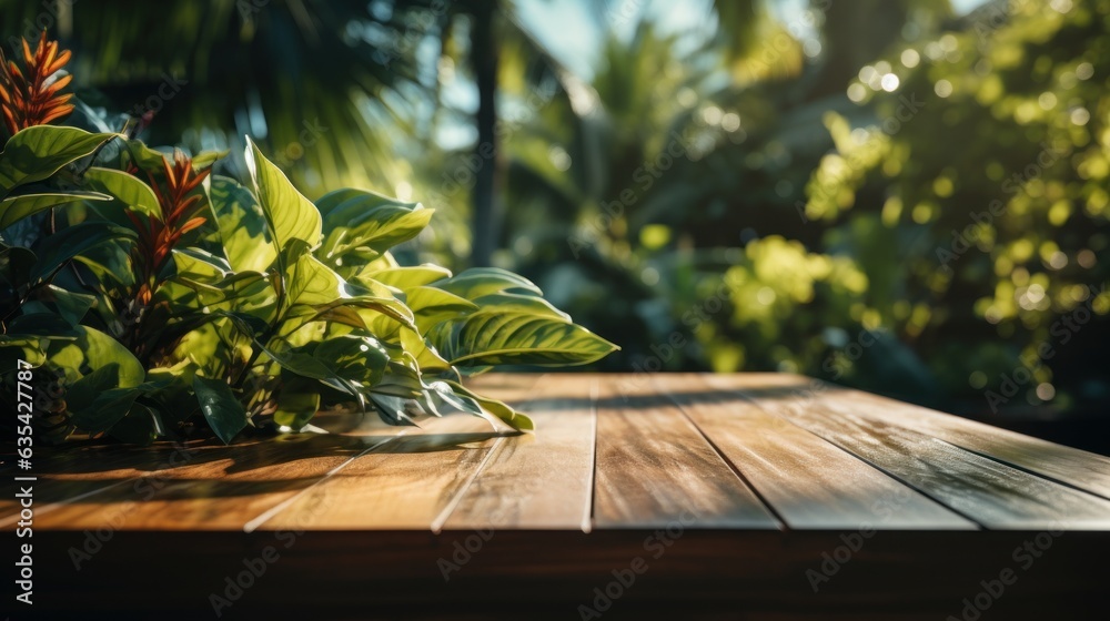 Wood table background with tropical tree green leaves and sunny sunshine, in the style of 3840x2160, light green and dark amber, poetic pastoral scenes, lively tableaus, dynamic outdoor shots, shaped  - obrazy, fototapety, plakaty 