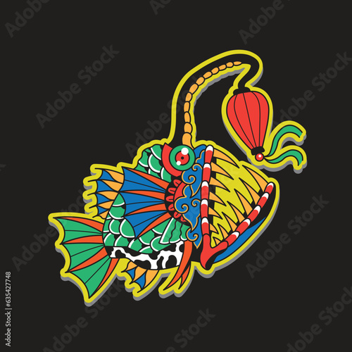 Angler fish. Underwater sea monster. Old school tattoo vector art. Hand drawn cartoon character set. Isolated on black. Traditional tattooing style