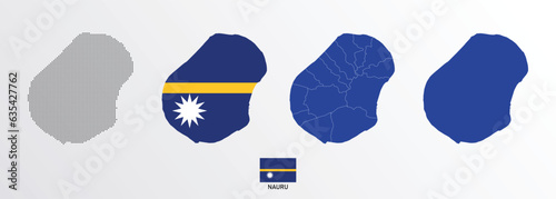 Set of political maps of Nauru with regions isolated and flag on white background. Nauru map blue color vector illustration. photo