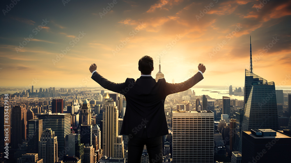 Fototapeta premium Businessman with arms raised in victory or success overlooking a large urban area or big city with sky scrapers. Concept of winning in business and career goals.