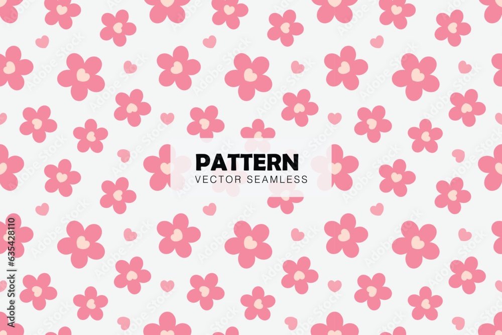 Pink flowers with hearts cute shape seamless repeat pattern