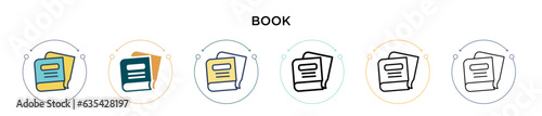 Book icon in filled, thin line, outline and stroke style. Vector illustration of two colored and black book vector icons designs can be used for mobile, ui, web