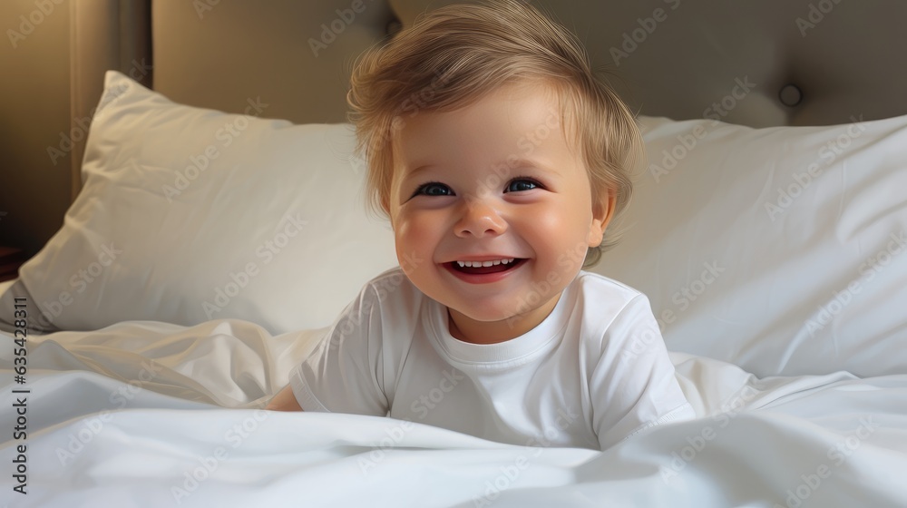 Happy smiling baby lies on the bed created with Generative AI technology.