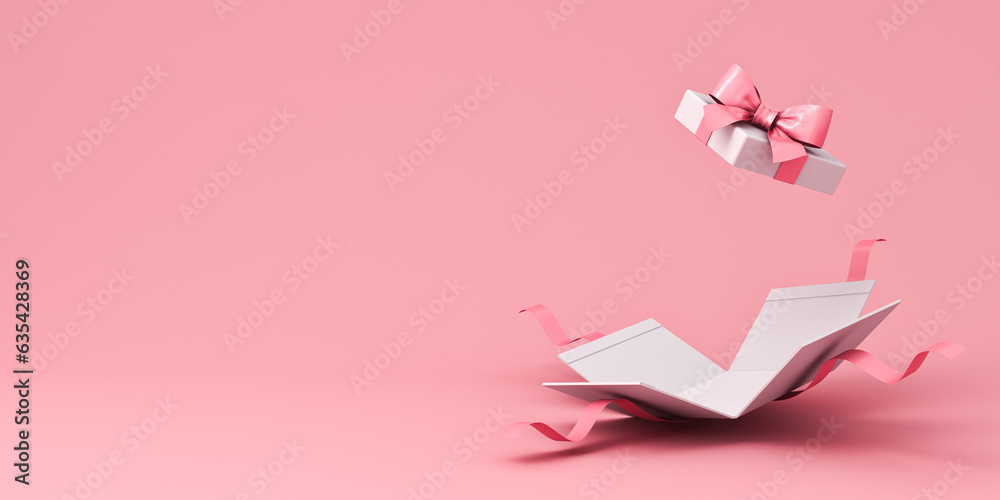 Blank white present box open or opened pink gift box with pink ribbon ...