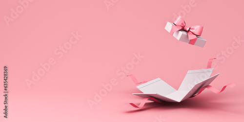 Blank white present box open or opened pink gift box with pink ribbon and bow isolated on pink pastel color background with shadow and empty space minimal concepts 3D rendering
