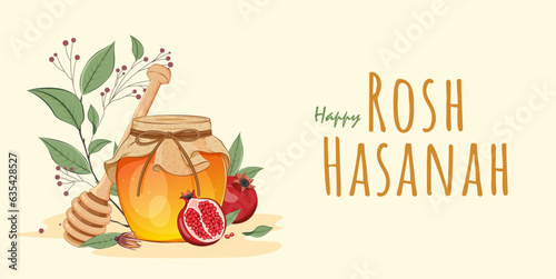 Rosh Hashanah Poster Design with a Jar of Honey, Apple and Pomegranate. Jewish New Year Template Vector Illustration