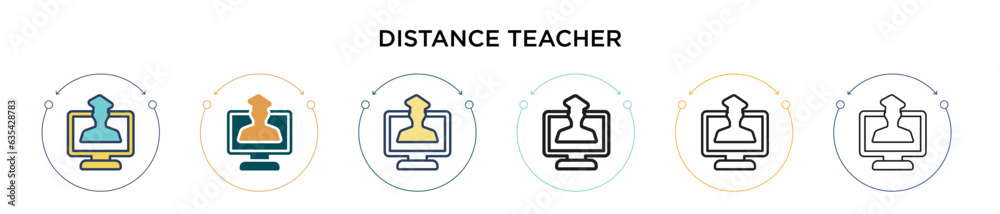 Distance teacher icon in filled, thin line, outline and stroke style. Vector illustration of two colored and black distance teacher vector icons designs can be used for mobile, ui, web