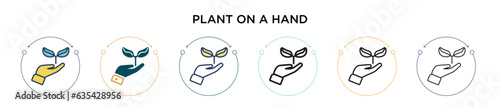 Plant on a hand icon in filled, thin line, outline and stroke style. Vector illustration of two colored and black plant on a hand vector icons designs can be used for mobile, ui, web