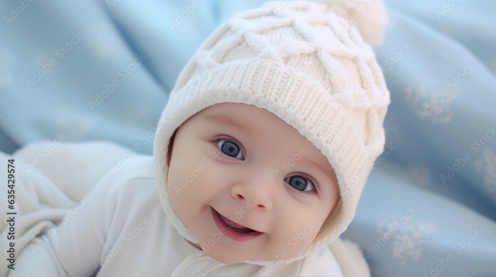 Happy smiling baby lies on the bed created with Generative AI technology.