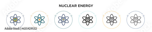 Nuclear energy icon in filled, thin line, outline and stroke style. Vector illustration of two colored and black nuclear energy vector icons designs can be used for mobile, ui, web