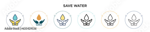 Save water icon in filled, thin line, outline and stroke style. Vector illustration of two colored and black save water vector icons designs can be used for mobile, ui, web