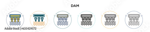 Dam icon in filled, thin line, outline and stroke style. Vector illustration of two colored and black dam vector icons designs can be used for mobile, ui, web