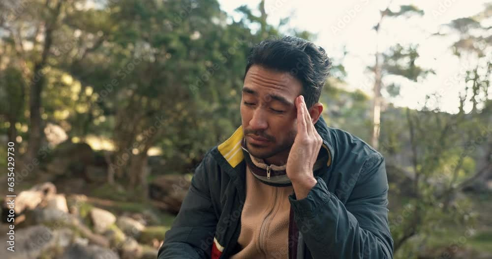 Hiking, fitness and asian man with headache, stress or dehydration in a forest with vertigo crisis. Hiker, accident and Japanese backpacker with migraine, dizzy or brain fog in a jungle with problem Hiking, fitness and asian man with headache, stress or dehydration in a forest with vertigo crisis. Hiker, accident and Japanese backpacker with migraine, dizzy or brain fog in a jungle with problem