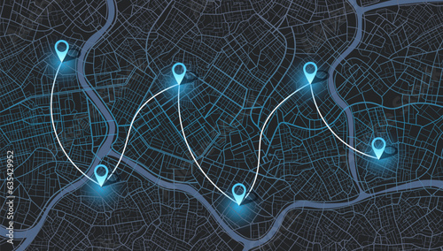 GPS navigator screen with street roads and location, destination points City top view. Online navigation. Flat style, Vector, illustration isolated. Urban highway plan, final destination, Blue Sign