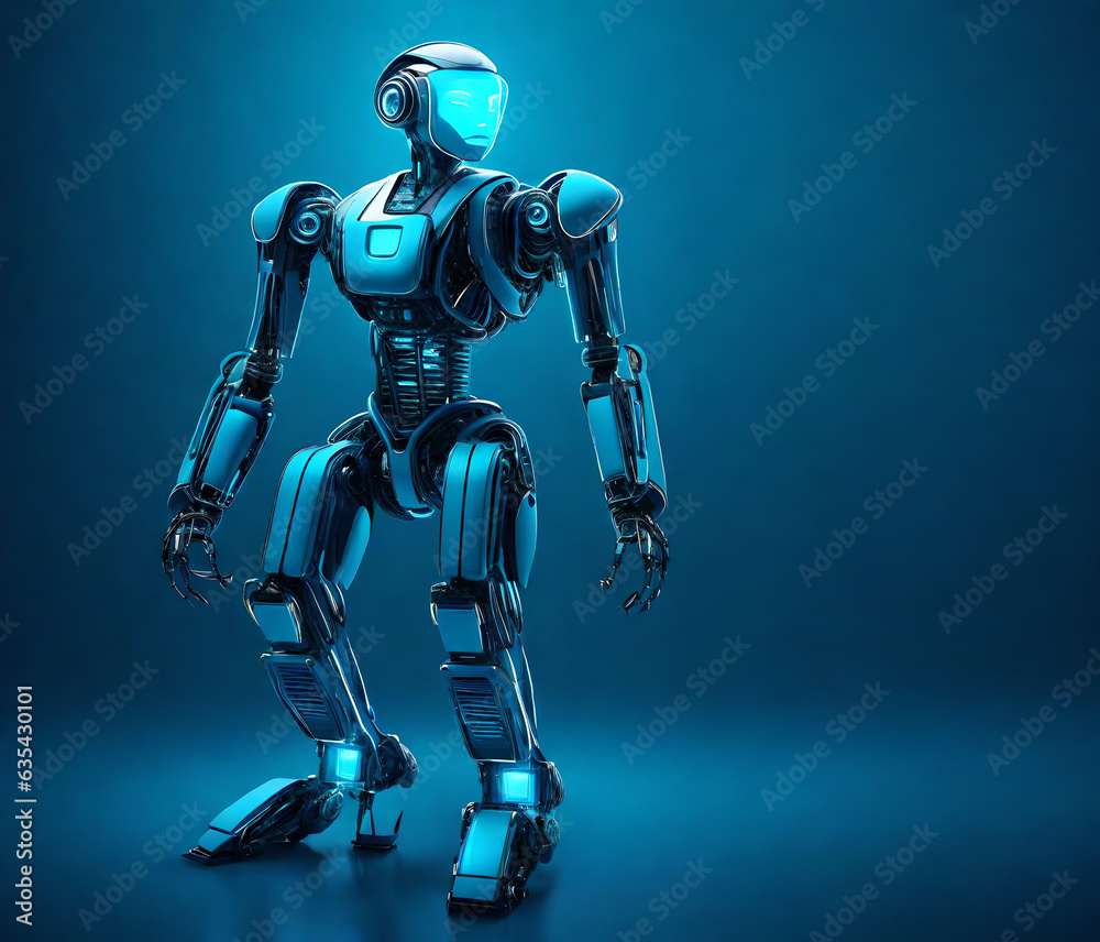 Robot on 3d caracter navy blue with light blue neon light with lightning logo futuristic