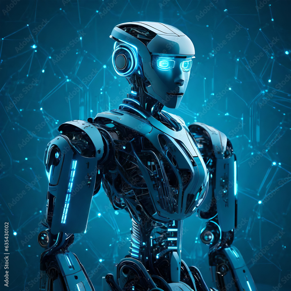 Robot on 3d caracter navy blue with light blue neon light with lightning logo futuristic Robot on 3d caracter navy blue with light blue neon light with lightning logo futuristic