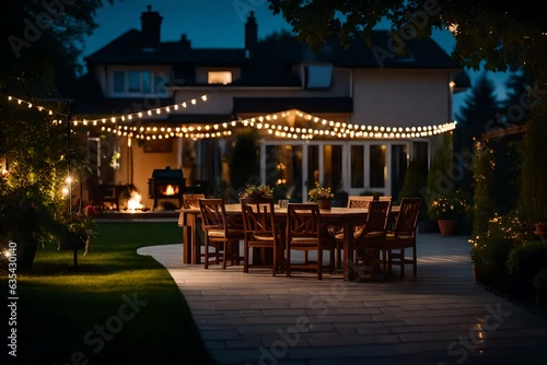 A summer evening on the patio of a beautiful suburban house with lights in the garden © Arqumaulakh50