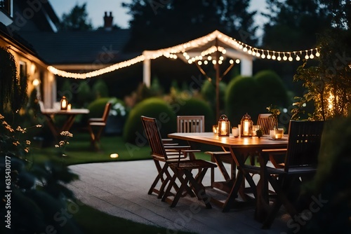 A summer evening on the patio of a beautiful suburban house with lights in the garden photo
