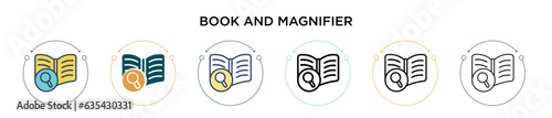 Book and magnifier icon in filled, thin line, outline and stroke style. Vector illustration of two colored and black book and magnifier vector icons designs can be used for mobile, ui, web